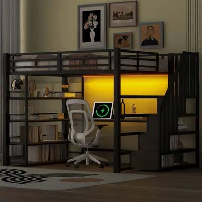 Produktbild von Hochbett 140x200 cm mit Schreibtisch, Stauraumtreppe, 4-stufigem Regal, USB-Ladestation & LED-Beleuchtung, Schwarz, Metall