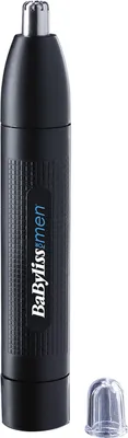 A black nose and ear hair trimmer with a clear cap next to it, on a white background.