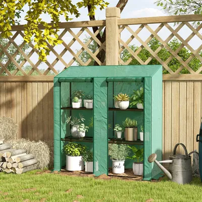 Produktbild von SUGIFT Treibhaus Tomatengewächshaus Folie 6 Drahtregale, Mini Gewächshaus 3 Etagen mit Rolltür, Grün  |  mit Rollen  |  85% Lichtdurchlass  |  143x46x151 cm