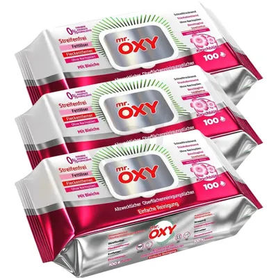 Produktbild von OXY Maxima Allzweck-Reinigungstücher 100 St.streifenfrei, fettlösend, schnell trocknend, Kirschblüten-Duft, mit Bleiche, ohne Nachspülen Pack3