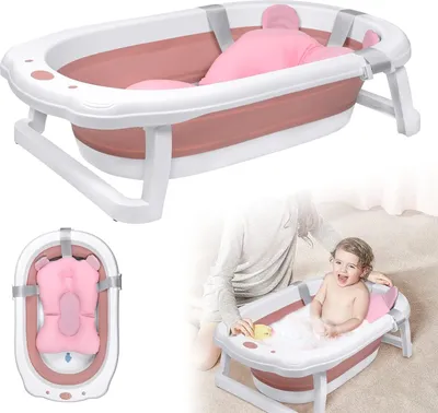 Image de ACXIN Baignoire pour bébé pliable avec trous d'évacuation, Plastique PP & TPE solide, Coussinets antidérapants résistants à la chaleur, ne glisse pas et ne raye pas le sol avec tapis de bain (Rose)