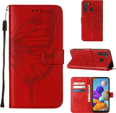 Produktbild von Galaxy A21 Hülle, Schmetterling Prägung Flip Leder Kartenfächer Schutzhülle Ledertasche mit Ständer für Samsung Galaxy A21 Rot