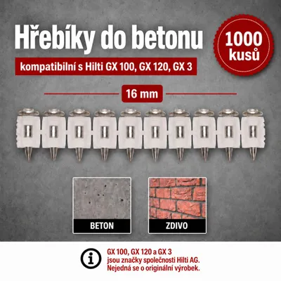 Zdjęcie produktu dla Gwoździe do betonu 16 mm 1000 sztuk odpowiednie do gwoździarek gazowych Hilti GX 100, GX 120, GX 3