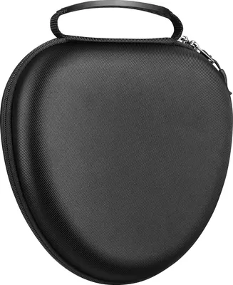 A black protective case for headphones, shown from the front with a handle at the top.