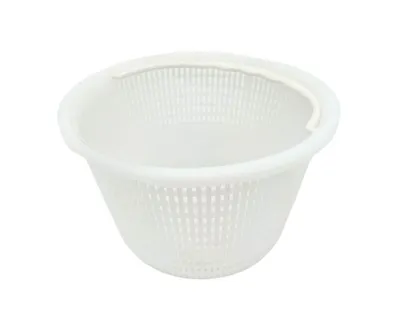 A white plastic skimmer basket is shown against a white background.