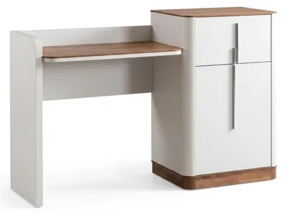 Image de Ensemble de table de maquillage moderne, blanc, en bois et métal, avec miroir et tabouret