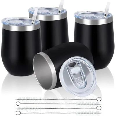 Productafbeelding van Set van 4 zwarte, roestvrijstalen wijnglazen zonder voet, met deksel, 12 oz (355 ml), dubbelwandig en vacuümgeïsoleerd
