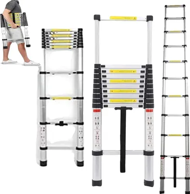 Zdjęcie produktu dla Drabina teleskopowa, wysokość 3,2 m, udźwig 150 kg, 11 stopni, stop aluminium, waga 9,2 kg