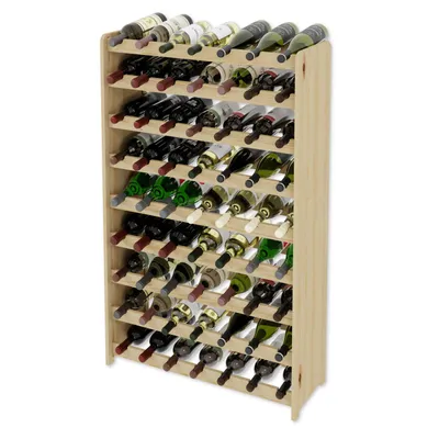 A wooden wine rack filled with wine bottles, shown from a diagonal angle against a white background.