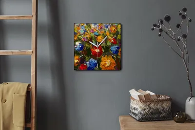 Produktbild von Coloray Hodiny Unikátní 30x30 cm  Tiché hodiny Pro obývací pokoj a kuchyň Nástěnné hodiny Plátno Bílé ručičky hodin - Malování květin
