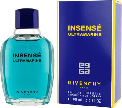 A bottle of Givenchy Insensé Ultramarine eau de Toilette for men and its packaging are shown side-by-side against a white background.