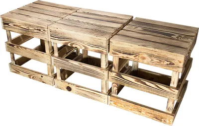 Produktbild von 3er Set Stück Obstkisten-Online neuer geflammter/brauner Hocker aus Holz Pflanzenhocker Tisch Obstkiste Sitzhocker Braun Weinkiste