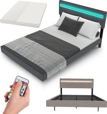 Collage of a bed with mattress, remote, and bed frame.