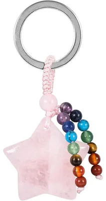 Productafbeelding van Kristallen sleutelhanger met 7 chakra-helende stenen en een pentagram-hanger, rozenkwarts, uni