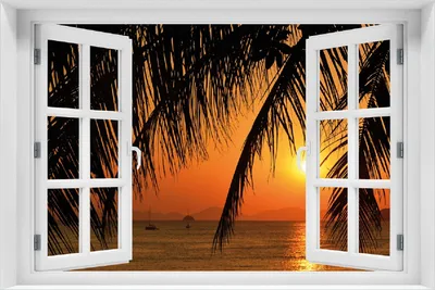 Produktbild von Wallario selbstklebendes Poster mit Fenster-Illusion - Sonnenuntergang unter Palmenblättern, Größe: 100 x 150 cm