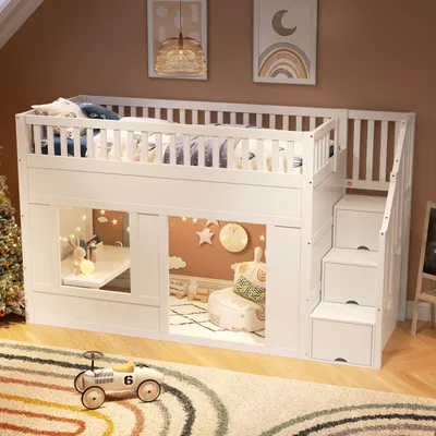 Image de OKWISH Lit Superposé Enfant 90x200 cm - Lit avec Escalier de Rangement et Espace de Jeux - Sans Matelas - Bois MDF - Blanc