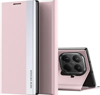 A pink flip case for a smartphone is shown, with the phone partially inserted and its camera module visible.