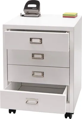 Produktbild von Kontejner na kolečkách HWC-L49, zásuvková skříňka ocelová skříňka na dokumenty, kovová 55x40x41cm 4 zásuvky  bílá