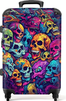 Produktbild von noboringsuitcases.com Reisekoffer Hartschalen Mittelgroß (67x43x25 cm, 72 Liter) – Neon Regenbogen, Totenkopf Muster – TSA Schloss, 4 Rollen, 3.35 kg, leicht, Lufthansa Eurowings Ryanair kompatibel