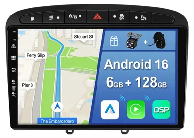 Immagine prodotto di Autoradio da 9 pollici con 6 GB di RAM e 128 GB di memoria interna, compatibile con Peugeot 308 (2007-2013), dotata di GPS, DAB e Bluetooth