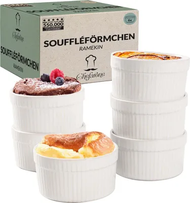 Produktbild von Chefarone Chefarone Creme Brulee Schalen - 6 Mini Backofen Schalen - Ramekin Schalen Keramik - Souffle Schalen 200 ML - Kochen mit Kindern - Dessert Schalen - Weiß