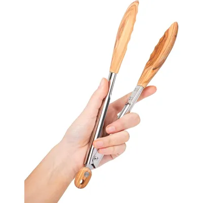 Produktbild von Grillzange, Lebensmittelzange aus Edelstahl, Walnusszange, Verriegelungsdesign, rutschfeste Holzmaserung, 38 x 4 cm