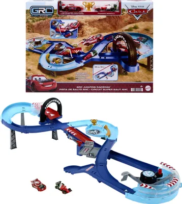 The image shows the packaging of a Disney Pixar Cars GRC Jumping Raceway toy, along with a separate image of the assembled toy track and cars.