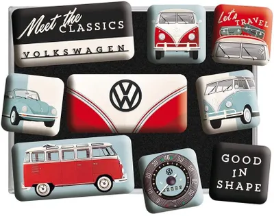 Immagine prodotto di Nostalgic-Art - Set di 9 magneti - Volkswagen - VW Bulli & Beetle - Meet The Classics