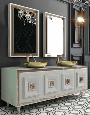 Produktbild von Casa Padrino Luxus Badezimmer Set Weiß / Bronze / Gold - 1 Waschtisch mit 4 Türen und 2 Waschbecken und 2 Wandspiegel - Luxus Badezimmermöbel