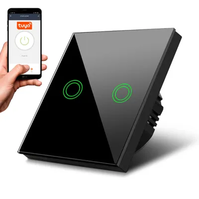 Obrázok produktu pre Inteligentný 2-násobný dotykový vypínač WiFi kompatibilný s nástenným vypínačom Tuya APP Sklenený vypínač s LED podsvietením meniacim farbu Zapustený vypínač 85x85 mm (2-násobný okrúhly, čierny) ..