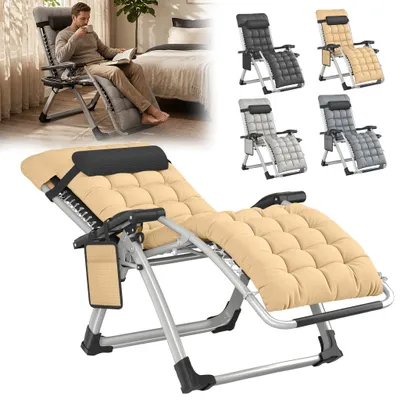 Image de Chaise longue YARDIN rembourrée, inclinable de 90 à 170°, pliable, structure en acier thermolaqué, charge maximale 160 kg, avec coussin de tête, porte-boisson et poche, gris clair