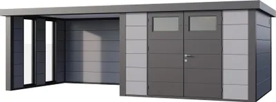 Produktbild von Telluria Metallgerätehaus Classico 3330 mit Lounge Anbau (ca. 450 cm Breite) inkl. 2 Fenstern lichtgrau Lounge-Anbau links