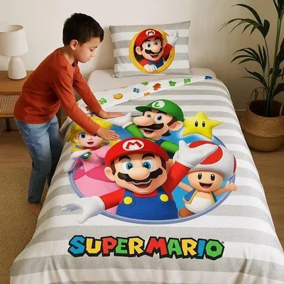 Produktbild von Unyqoos® Super Mario Bettbezug-Set 140 x 200 cm – 1x Bettbezug + 1x Kissenbezug 65 x 65 cm, 100% Polyester, offizielles Merchandise, waschbar 40 °C