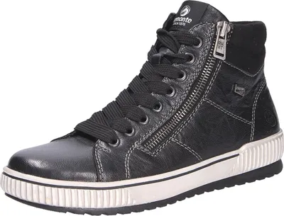 A black high-top sneaker with a zipper and laces.
