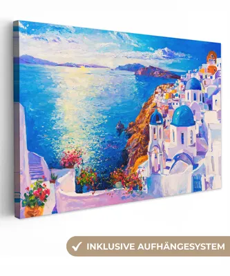 Produktbild von MuchoWow® - Leinwandbilder - Malerei - Griechenland - Wasser - Öl, Wandbild, Wanddeko Bilder Wohnzimmer, 60x40 cm