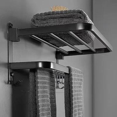 Produktbild von Famanu Handtuchregal für Badezimmer, wandmontiert, 2-stufig und klappbar, mit 5 Haken aus rostfreiem Stahl 304