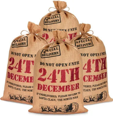 Produktbild von BRUBAKER Weihnachtssack "Do not open until 24th December" - 80 cm Geschenksack Weihnachten - Nikolaussack Jutebeutel Sack, 4 Stück