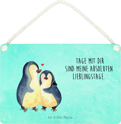 Produktbild von Mr. & Mrs. Panda holzbild Pinguin umarmen DIN A4 - Eisblau - Geschenk, Holzschild, Deko Wandbild, Hochzeitstag, Schild, Hochzeitsgeschenk, Holz, Türschild, Liebe
