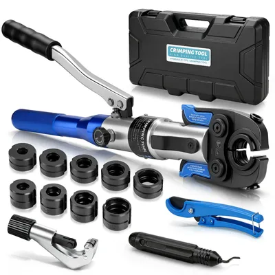 Produktbild von 180° Drehbarem Kopf Rohrpresszange Hydraulisch Presszange mit Rohrschneider & TH + V Kontur Backeneinsätze für Kupferrohre Verbundrohr Edelstahlrohr