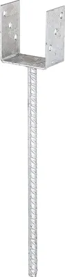 A metal U-shaped post support with a rebar-like anchor is shown against a white background.