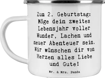 Produktbild von Mr. & Mrs. Panda Haferl Spruch 2. Geburtstag Wünsche - Weiß - Geschenk, Geburtstagskind, metallbecher, Geburtstagswünsche, Geburtstagsdeko, Emaille Becher, Tasse, Pott