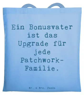 Produktbild von Mr. & Mrs. Panda Tote Bag Spruch Bonusvater Upgrade - Sky Blue - Geschenk, Weihnachten, Schultasche, Verwandte, Elternteil, Uni Tasche, Shopping, Familienbeziehungen