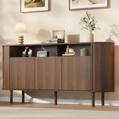 Produktbild von Merax Sideboard mit 3 Wellentüren und Massivholzbeine, Kommode mit offenem Fach, Stauraumschrank aus Spanplatte, Buffetschrank bis 75kg, Walnuss
