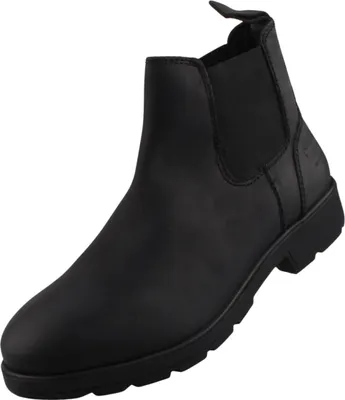 Das Bild zeigt einen schwarzen Stiefel aus einer seitlichen Perspektive. Der Stiefel hat ein modernes Design mit einer hohen Schafthöhe und einer leicht strukturierten Oberfläche.
