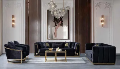 Productafbeelding van Luxe zwarte bankstel, modern, driezitter, fauteuil, bankfauteuil