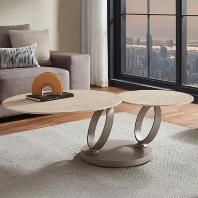 Produktbild von riess-ambiente Couchtisch DANCING RINGS natur travertin champagner greige Keramik Metall rund drehbar