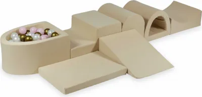 Produktbild von Größtes Schaumstoff-Spielset mit Mikro-Bällepool – beige + 100 Bällebadbälle / Perle, Babyrosa, Altgold