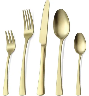 Imagen del producto de Juego de cubiertos de 30 piezas, acero inoxidable dorado, acabado mate, ideal para champán