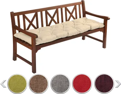 A wooden bench with a beige cushion on it, shown from a slightly elevated diagonal angle. Below the bench are color swatches of different cushion colors.