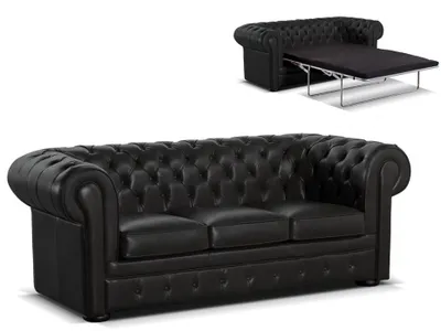 Zdjęcie produktu dla Czarna 3-osobowa klasyczna luksusowa sofa Chesterfield w stylu kanapy skórzanej